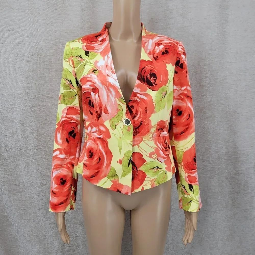 Tahari Bright Floral Women's Cotton Blazer Collarless